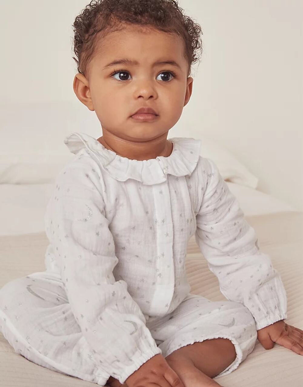 The Little White Company Organic Double Cotton Moon Stars Sleepsuit 0-3 Months
